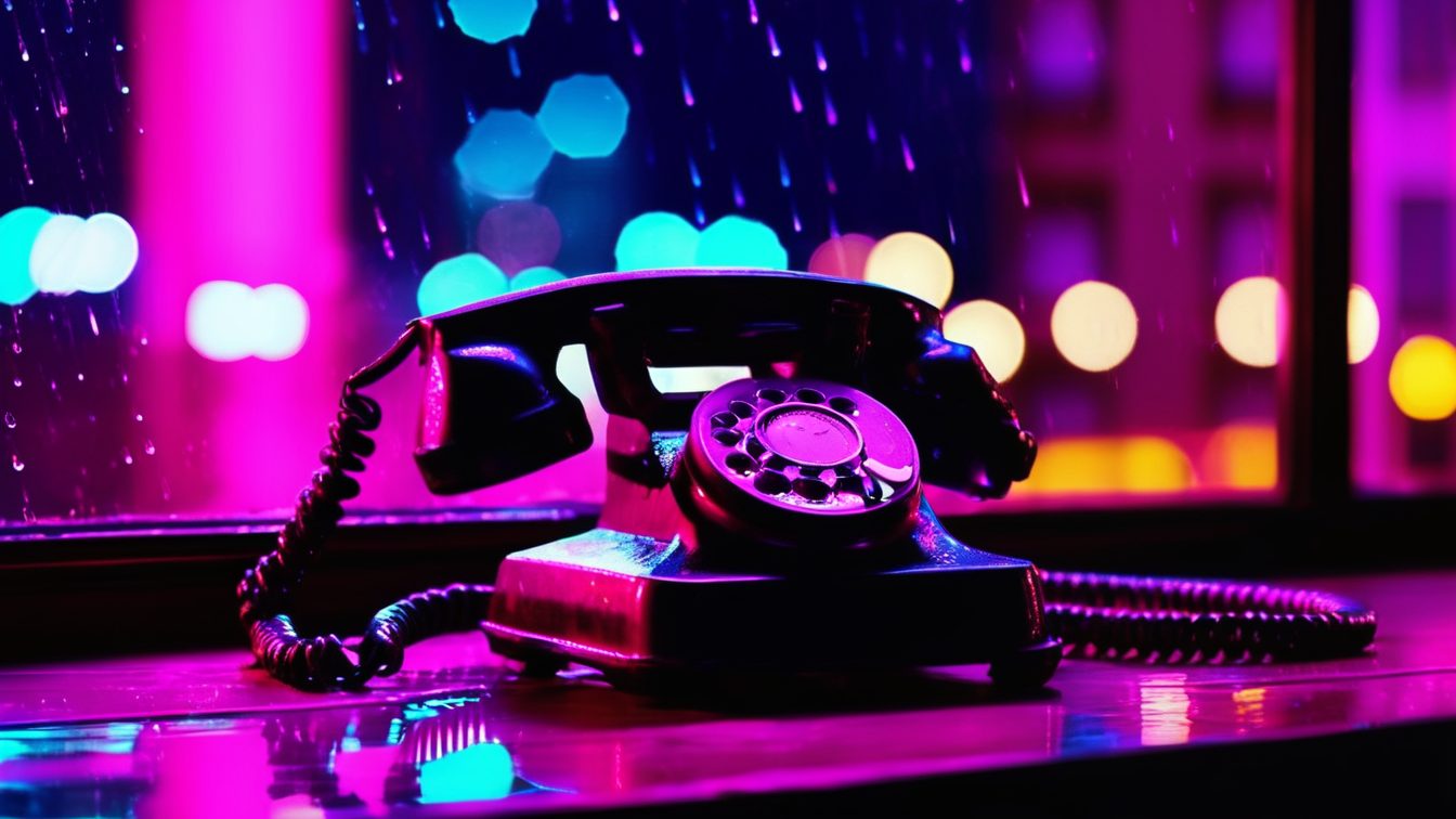 An old rotary telephone on a wet windowsill, city lights blurred behind it in pink and blue (AI-made image)