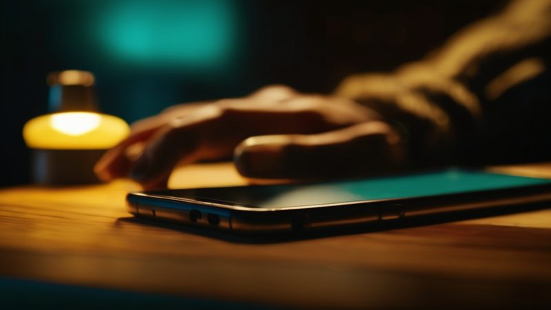 A hand reaching for a phone lying on a table beside a small lit lamp (AI-made image)