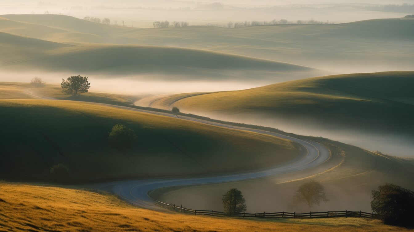 A road winding through rolling hills in morning mist (AI-made image)