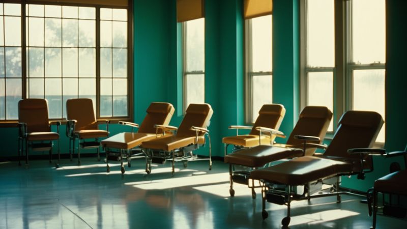 A row of empty reclining treatment chairs beside tall windows in a quiet room with teal walls and afternoon light (AI-made image)