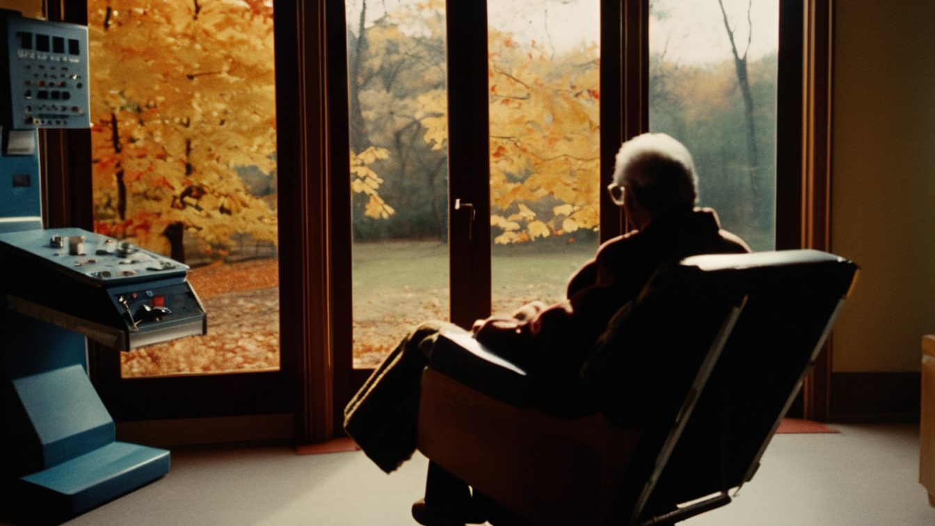 An older man seen from behind in a reclining treatment chair by a tall window, a blanket over him, looking out at autumn trees, a machine beside him (AI-made image)