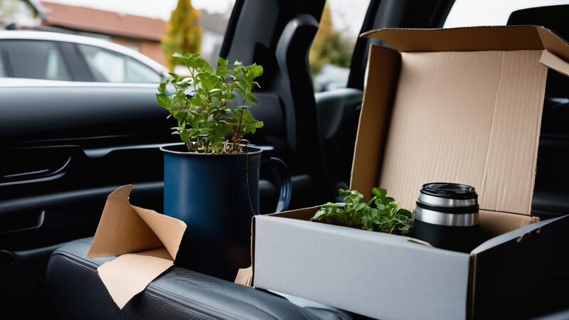 A cardboard box with a plant and a travel mug on the seat of a car (AI-made image)