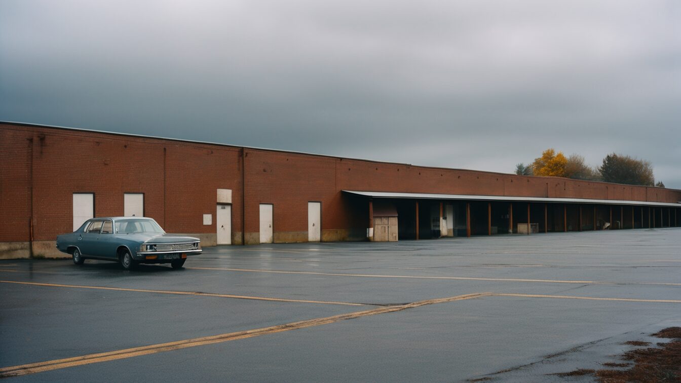 One car parked in a wide, empty lot beside a long brick building under a grey sky (AI-made image)