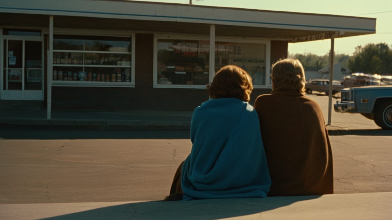 Two people seen from behind, sitting close together on a curb outside a small grocery store in late-afternoon light, one wrapped in a blue blanket (AI-made image)