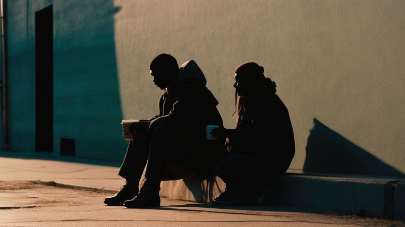 Two people in silhouette sit side by side on a curb, each holding a cup