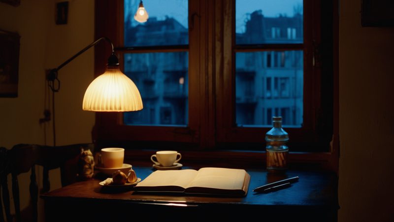 An open notebook and a pen on a table by a window at night, under a warm lamp, with two cups nearby (AI-made image)