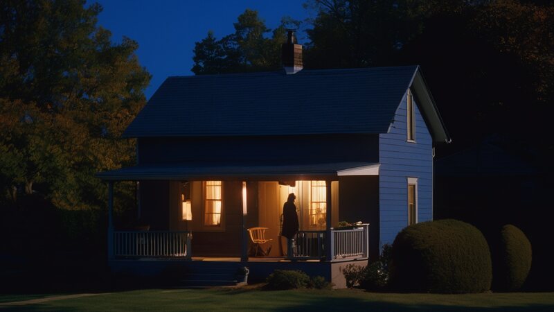 A small house at night with its porch lit, and a person standing at the front door (AI-made image)