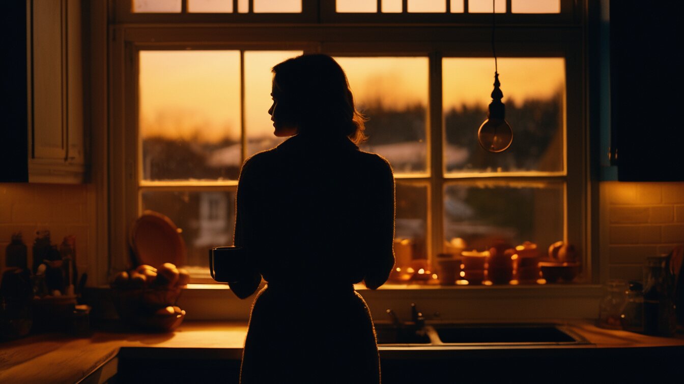 A person in silhouette stands at a kitchen sink holding a cup, looking out of the window at a low orange sky (AI-made image)