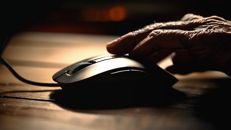 Close-up of a weathered older hand resting on a computer mouse on a wooden desk in warm light (AI-made image)