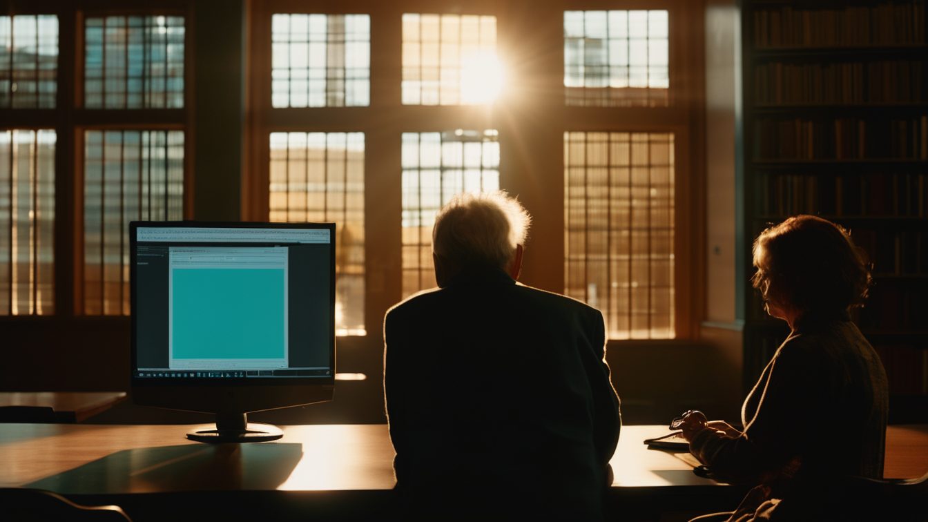 An older man and a younger woman, both seen from behind, at a computer on a library desk with sunset light through tall windows (AI-made image)