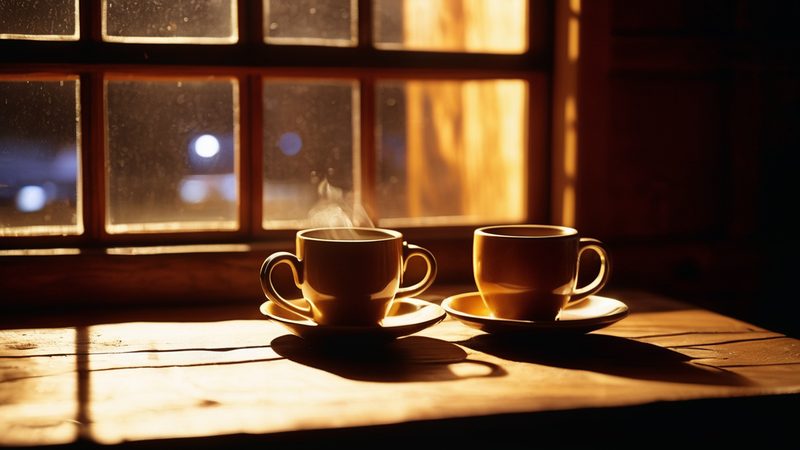 Two cups of coffee on saucers on a sill by a frosted window, lit warm from inside (AI-made image)