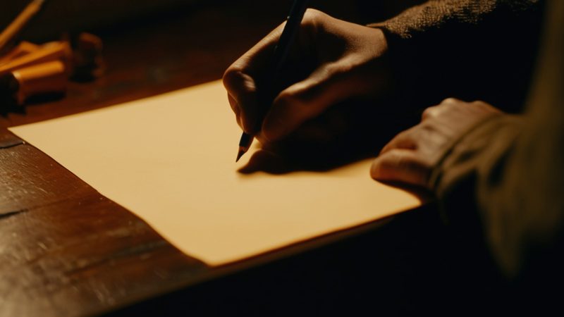A hand writing on a sheet of paper on a wooden table in low light (AI-made image)