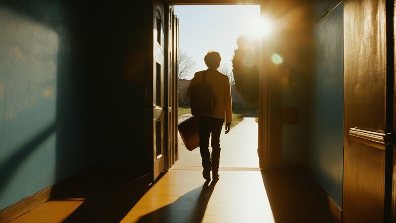 A person in silhouette walks down a dark hallway toward an open door full of sunlight (AI-made image)