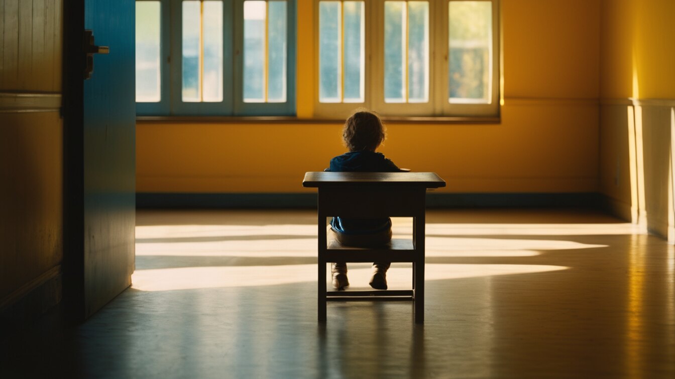 A child, seen from behind, sits alone at a single desk in an empty hallway lit by low sun (AI-made image)