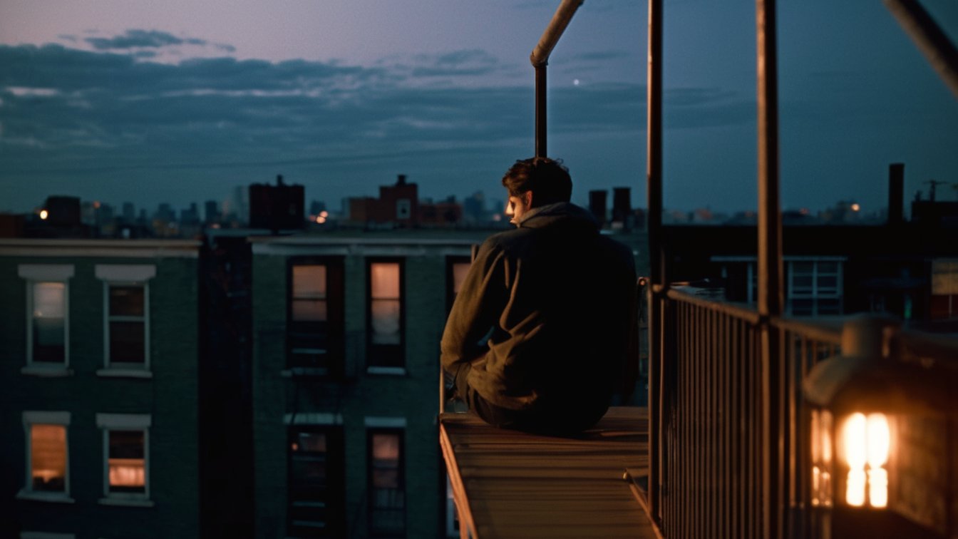 A person sitting alone on a fire escape at dusk, seen from behind, above city rooftops and lit windows (AI-made image)