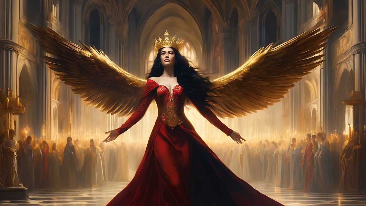 The Alucard Inquisition VII: Two Liliths. Lilith, crowned and winged in red, in a cathedral of fire.